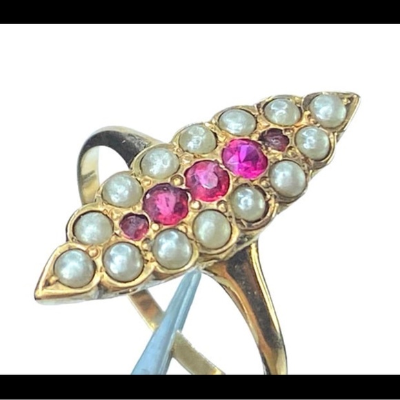 Art Deco 10K yellow gold 0.1ct Ruby Seed Pearl Navette ring ❤️ - Picture 4 of 9